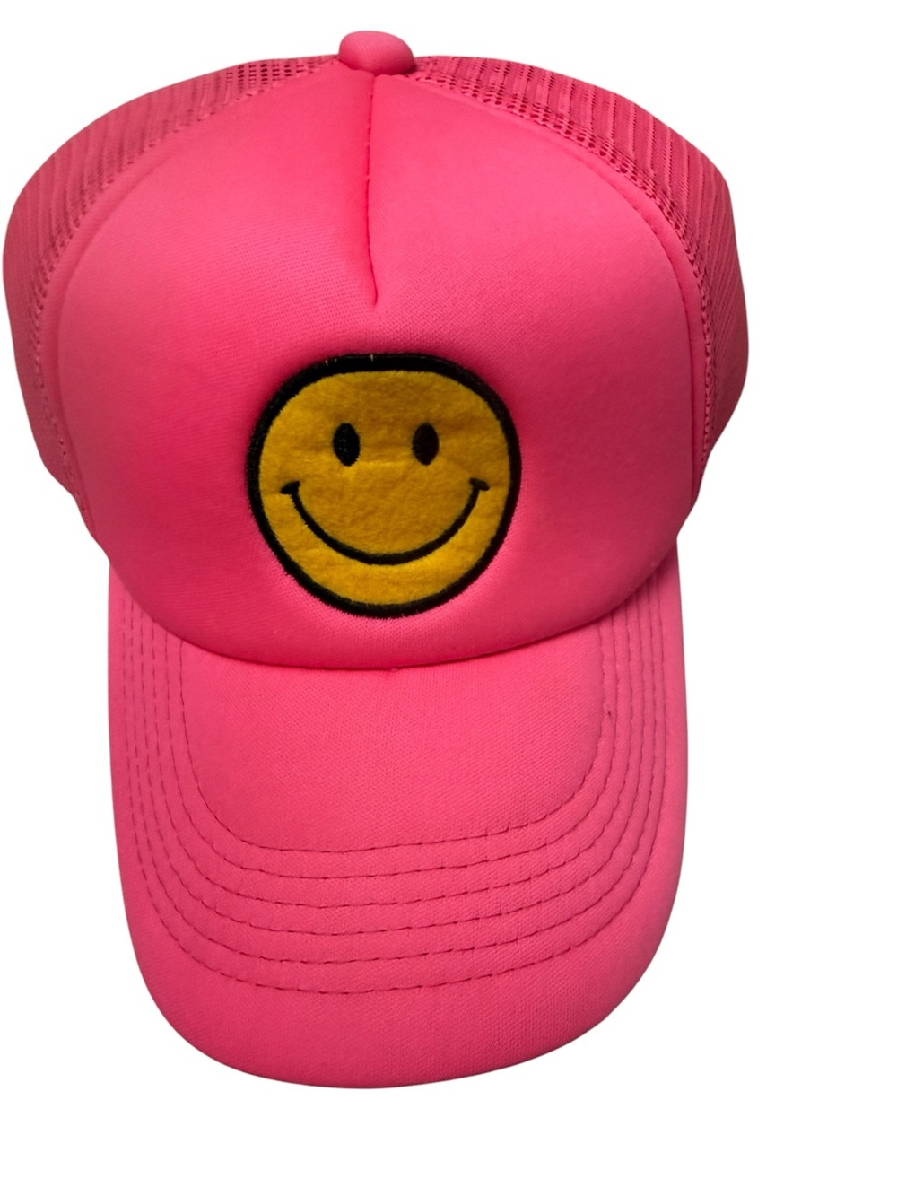 Hot Pink Trucker Hat with Yellow Smiley Patch